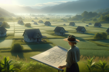 Imaginez un paysage rural paisible qui s'étend à perte de vue vers l'horizon. Des terres agricoles verdoyantes s'étirent, parsemées de grappes intermittentes de maisons. Ces maisons, représentatives de l'architecture rurale simple, ont des toits en pente et sont entourées de parcelles de végétation luxuriante. Debout au milieu de cette scène, une femme caucasienne, coiffée d'un chapeau de ranger, est plongée dans l'examen de plans architecturaux déployés devant elle. La lumière du soleil se déverse, projetant de longues ombres et baignant les environs dans sa lueur éthérée, tandis qu'une brise légère fait frémir le feuillage à proximité ; l'incarnation sereine de la tranquillité bucolique.