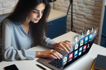 Une gestionnaire immobilière du Moyen-Orient est profondément absorbée par son travail, les mains suspendues au-dessus d'un ordinateur portable moderne. Sur l'écran de l'ordinateur, au lieu du clavier habituel, il y a des touches virtuelles. Chaque touche représente une propriété locative différente, peut-être codée par couleur ou ornée d'icônes uniques pour une différenciation facile. Elle se trouve dans un espace de travail typique, entourée de l'essentiel du matériel de bureau.
