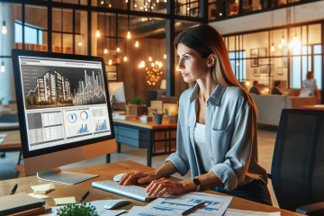 Une professionnelle caucasienne analyse attentivement des graphiques complexes de gestion immobilière affichés sur un écran d'ordinateur dans un cadre de bureau contemporain. Elle se concentre intensément sur sa tâche. Le bureau dégage une ambiance positive d'un lieu de travail animé, meublé de mobilier moderne et décoré avec goût. Des lumières chaleureuses illuminent l'espace tandis que des piles de documents et de fournitures de bureau contribuent à l'atmosphère d'un environnement productif.